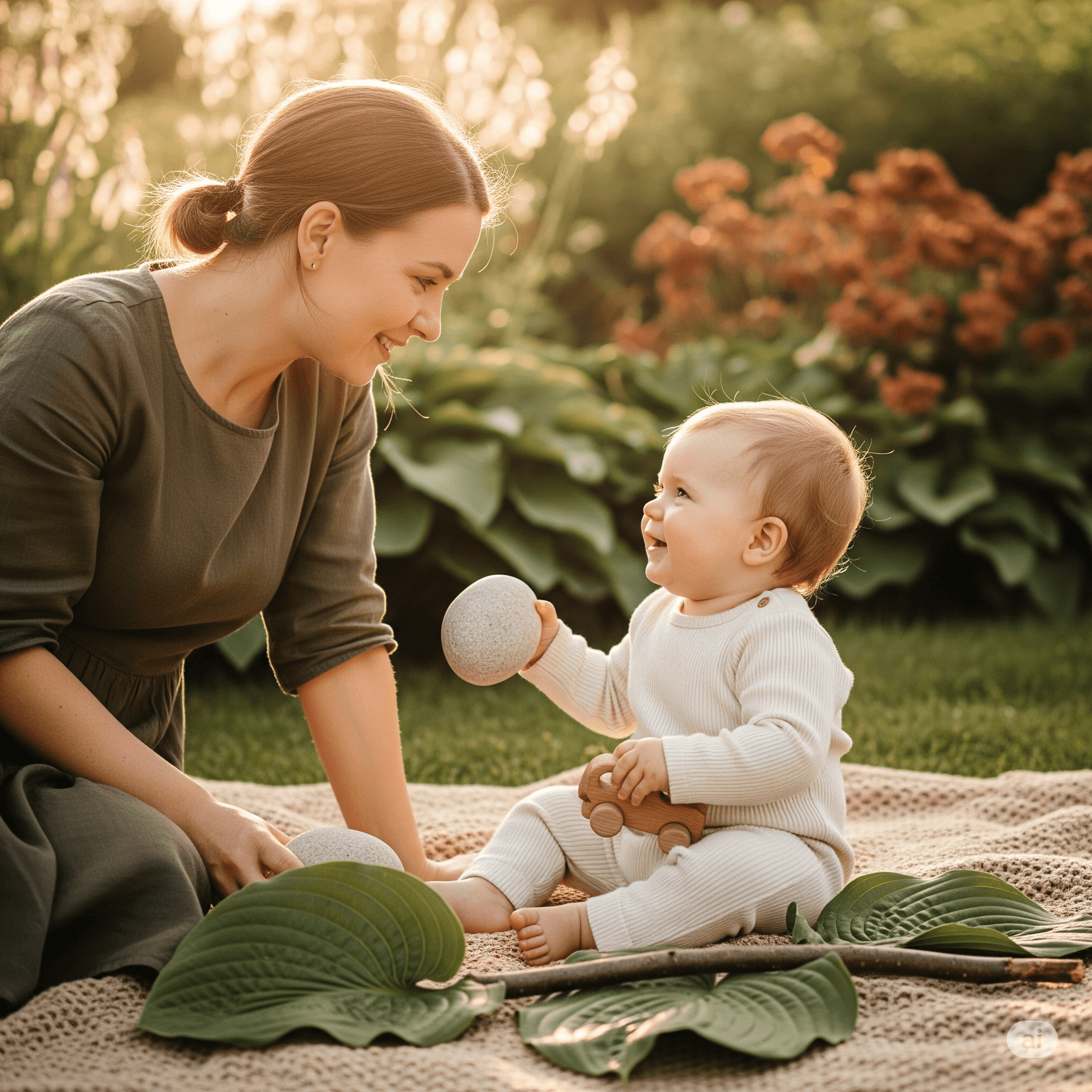 Bebê e mãe brincando na natureza